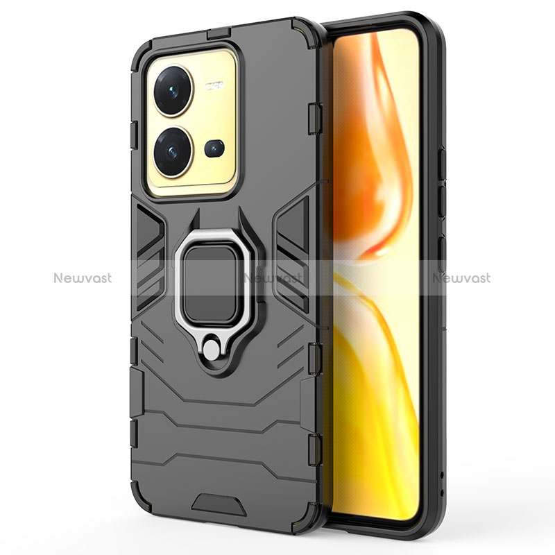 Silicone Matte Finish and Plastic Back Cover Case with Magnetic Finger Ring Stand KC2 for Vivo X80 Lite 5G Black