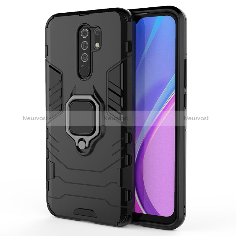 Silicone Matte Finish and Plastic Back Cover Case with Magnetic Finger Ring Stand KC2 for Xiaomi Redmi 9 Black