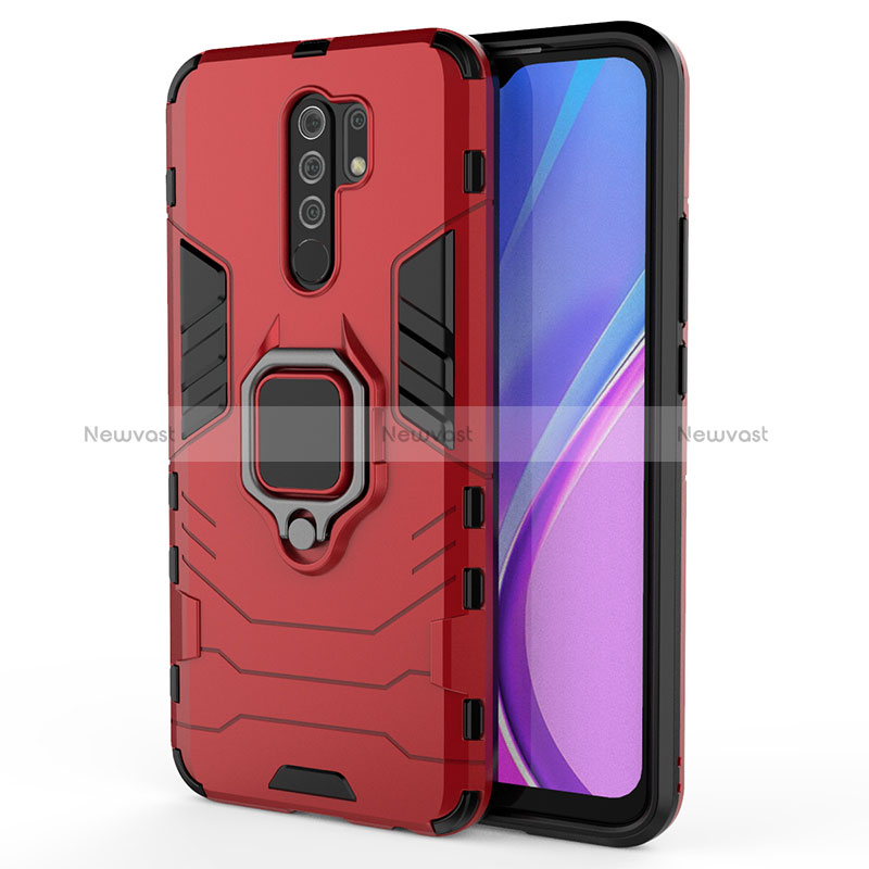 Silicone Matte Finish and Plastic Back Cover Case with Magnetic Finger Ring Stand KC2 for Xiaomi Redmi 9 Prime India