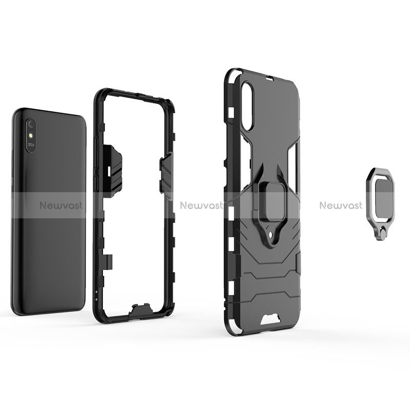 Silicone Matte Finish and Plastic Back Cover Case with Magnetic Finger Ring Stand KC2 for Xiaomi Redmi 9A