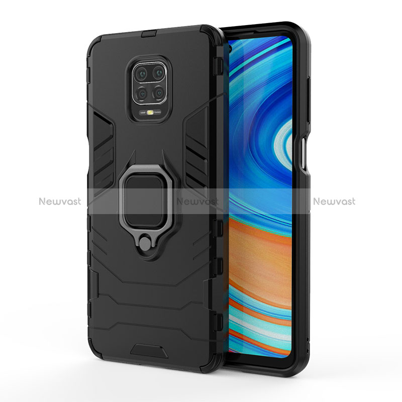 Silicone Matte Finish and Plastic Back Cover Case with Magnetic Finger Ring Stand KC2 for Xiaomi Redmi Note 9 Pro Black