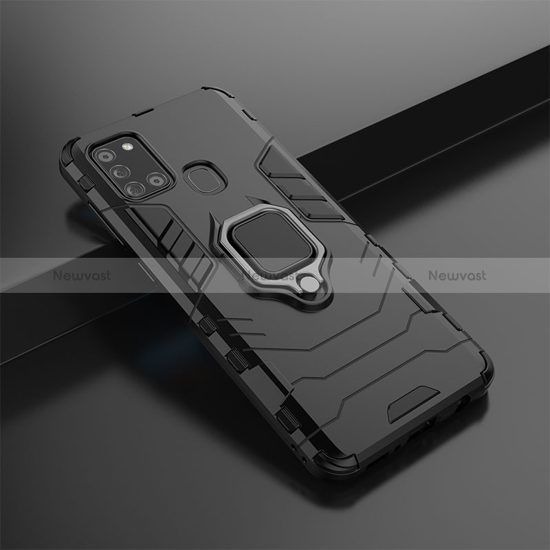 Silicone Matte Finish and Plastic Back Cover Case with Magnetic Finger Ring Stand KC3 for Samsung Galaxy A21s