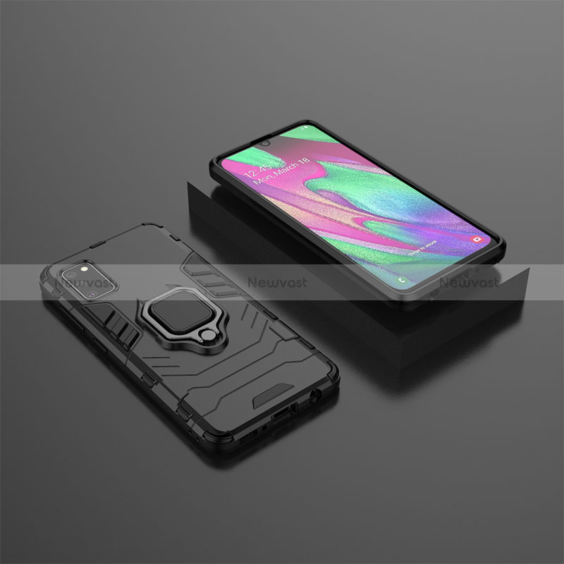 Silicone Matte Finish and Plastic Back Cover Case with Magnetic Finger Ring Stand KC3 for Samsung Galaxy A41 Black