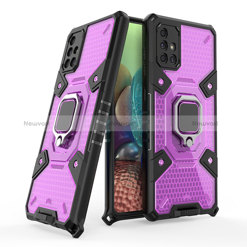 Silicone Matte Finish and Plastic Back Cover Case with Magnetic Finger Ring Stand KC3 for Samsung Galaxy A71 5G Purple