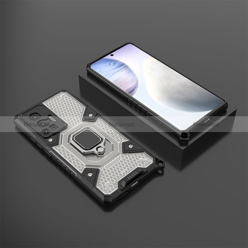 Silicone Matte Finish and Plastic Back Cover Case with Magnetic Finger Ring Stand KC3 for Vivo X70 Pro 5G