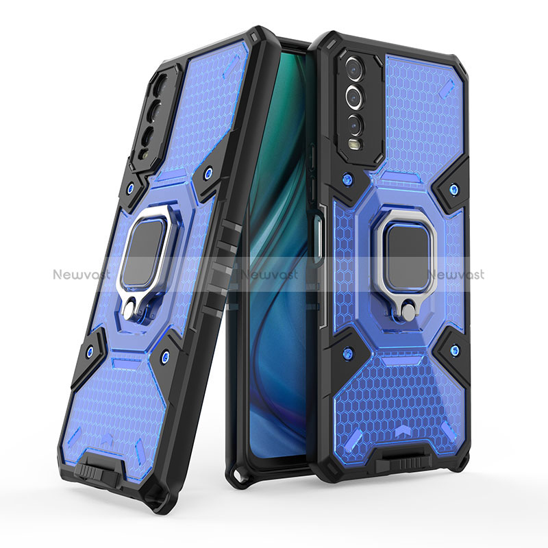 Silicone Matte Finish and Plastic Back Cover Case with Magnetic Finger Ring Stand KC3 for Vivo Y20s Blue