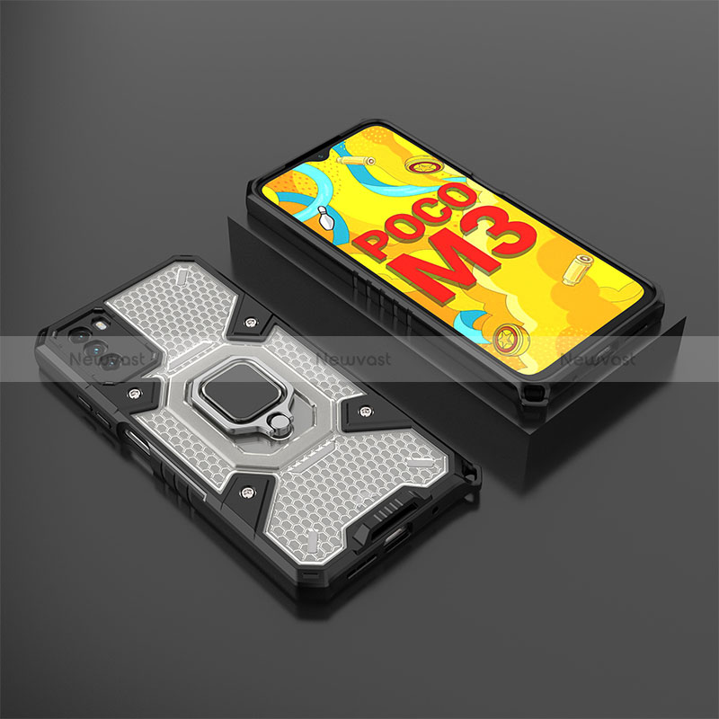 Silicone Matte Finish and Plastic Back Cover Case with Magnetic Finger Ring Stand KC3 for Xiaomi Poco M3