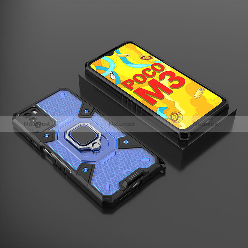 Silicone Matte Finish and Plastic Back Cover Case with Magnetic Finger Ring Stand KC3 for Xiaomi Poco M3 Blue