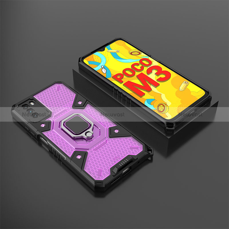 Silicone Matte Finish and Plastic Back Cover Case with Magnetic Finger Ring Stand KC3 for Xiaomi Poco M3 Purple