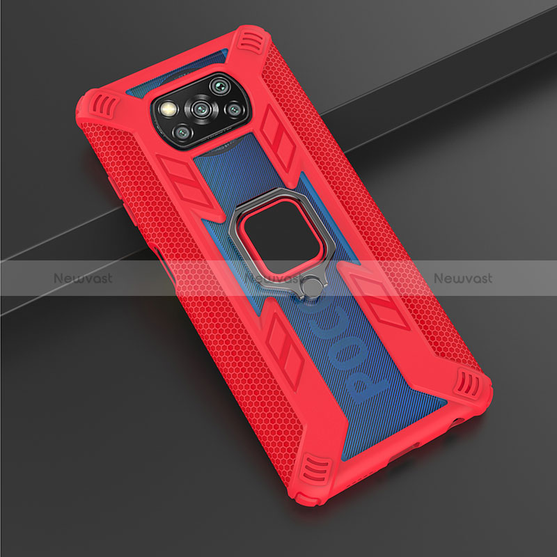 Silicone Matte Finish and Plastic Back Cover Case with Magnetic Finger Ring Stand KC3 for Xiaomi Poco X3 NFC