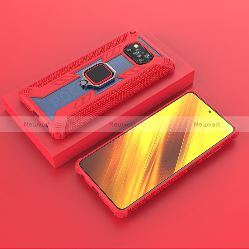 Silicone Matte Finish and Plastic Back Cover Case with Magnetic Finger Ring Stand KC3 for Xiaomi Poco X3 NFC Red