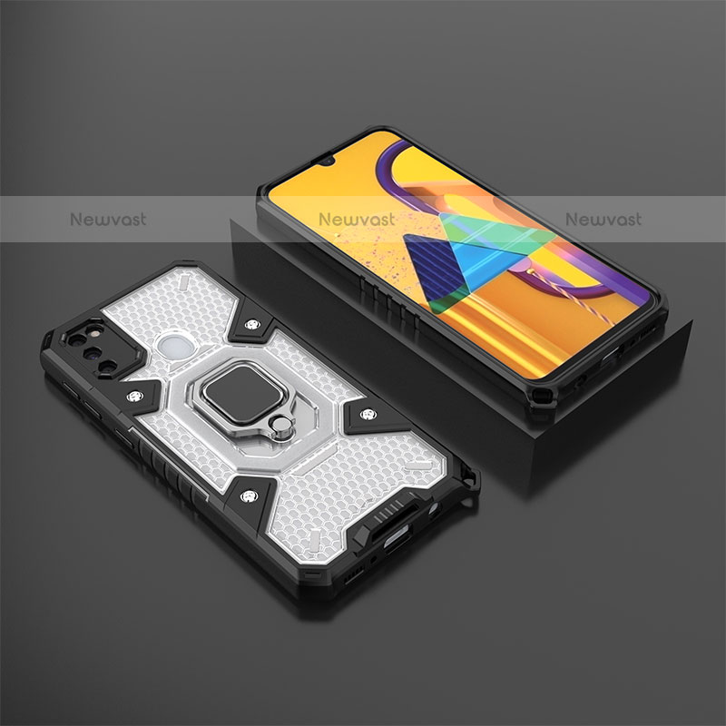 Silicone Matte Finish and Plastic Back Cover Case with Magnetic Finger Ring Stand KC4 for Samsung Galaxy M21