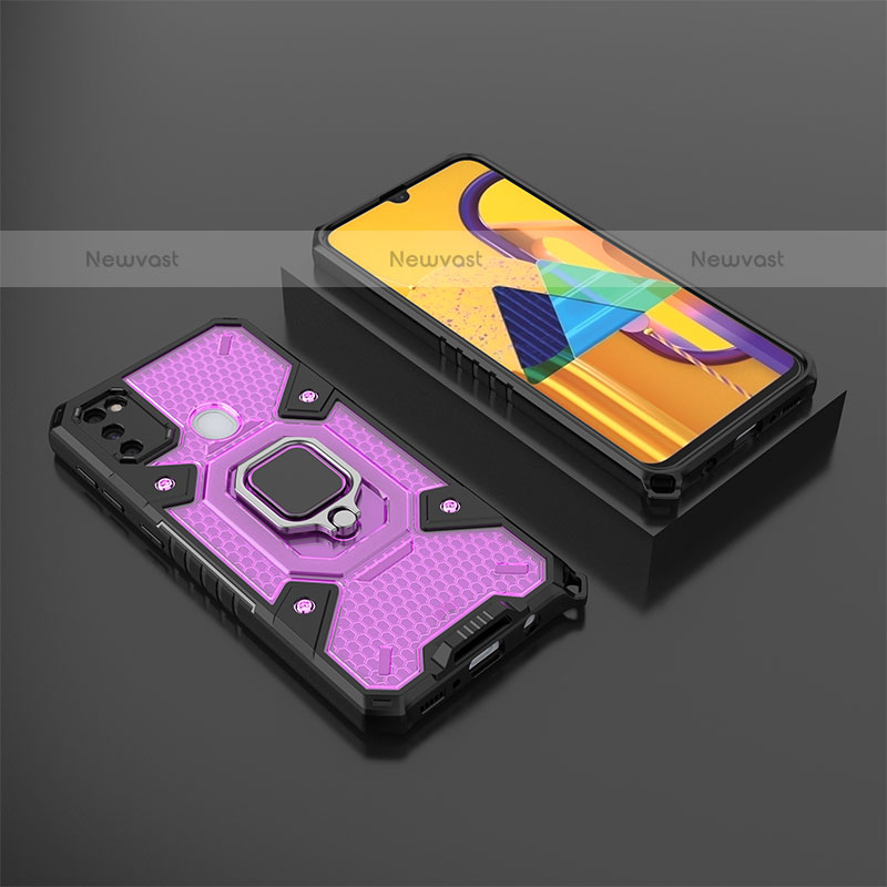 Silicone Matte Finish and Plastic Back Cover Case with Magnetic Finger Ring Stand KC4 for Samsung Galaxy M30s Purple