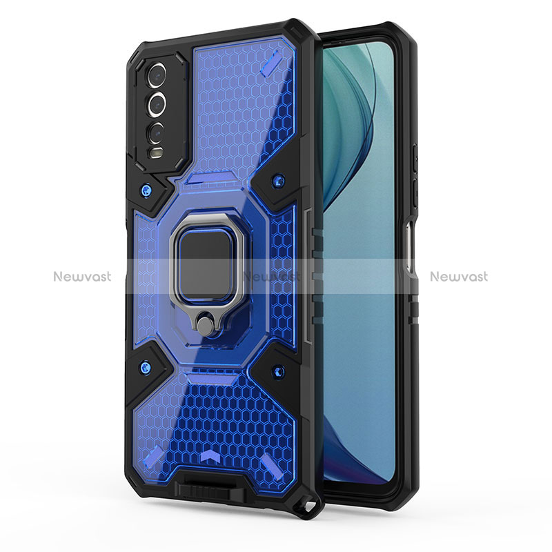 Silicone Matte Finish and Plastic Back Cover Case with Magnetic Finger Ring Stand KC4 for Vivo Y20s Blue