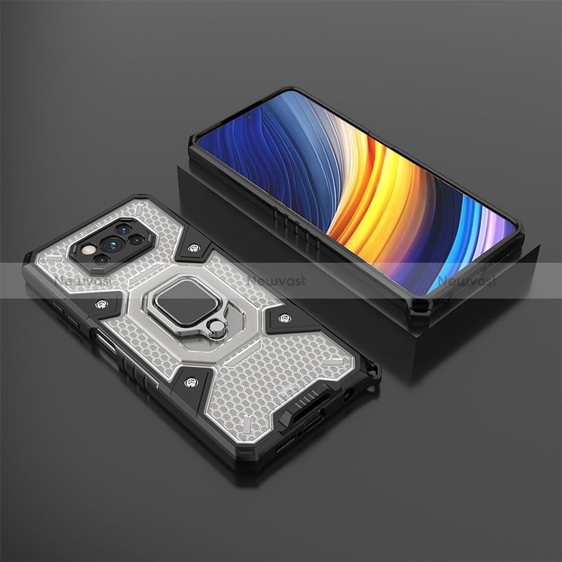 Silicone Matte Finish and Plastic Back Cover Case with Magnetic Finger Ring Stand KC4 for Xiaomi Poco X3 NFC