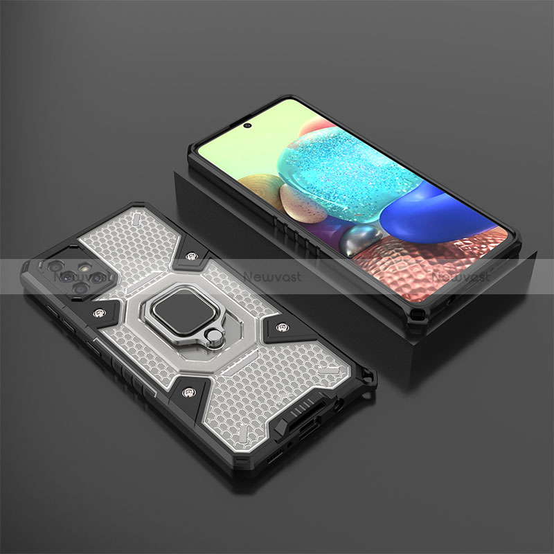 Silicone Matte Finish and Plastic Back Cover Case with Magnetic Finger Ring Stand KC5 for Samsung Galaxy A71 5G Black