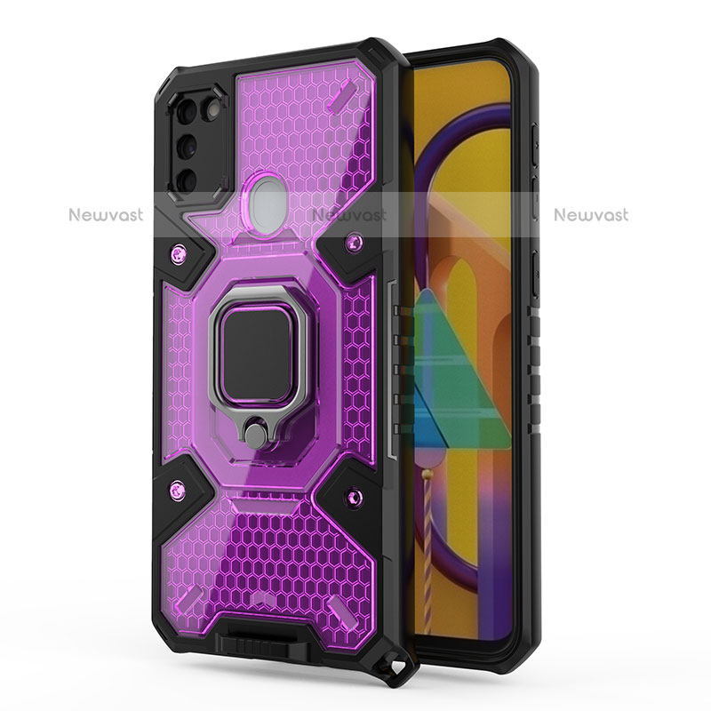 Silicone Matte Finish and Plastic Back Cover Case with Magnetic Finger Ring Stand KC5 for Samsung Galaxy M21 Purple
