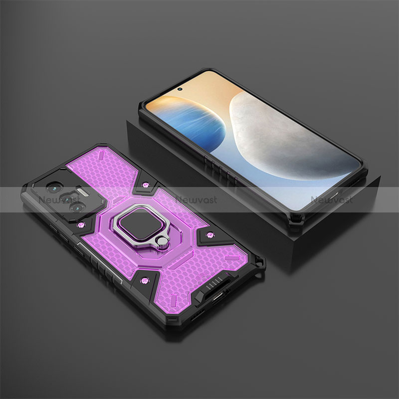 Silicone Matte Finish and Plastic Back Cover Case with Magnetic Finger Ring Stand KC5 for Vivo X70 5G Purple
