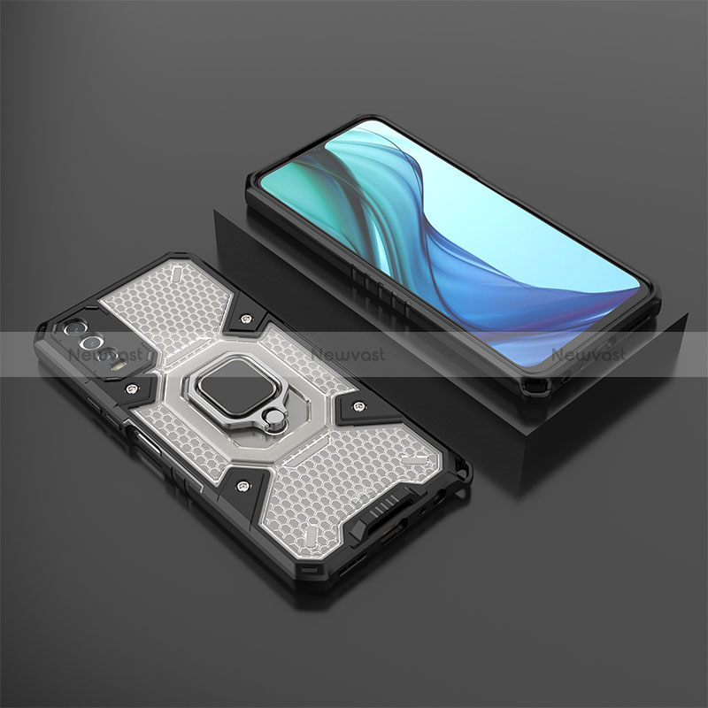 Silicone Matte Finish and Plastic Back Cover Case with Magnetic Finger Ring Stand KC5 for Vivo Y11s Black