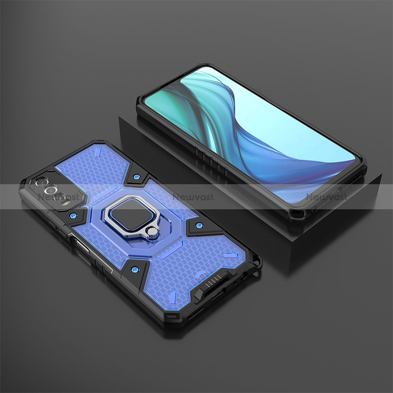 Silicone Matte Finish and Plastic Back Cover Case with Magnetic Finger Ring Stand KC5 for Vivo Y11s Blue