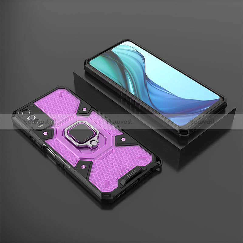 Silicone Matte Finish and Plastic Back Cover Case with Magnetic Finger Ring Stand KC5 for Vivo Y11s Purple