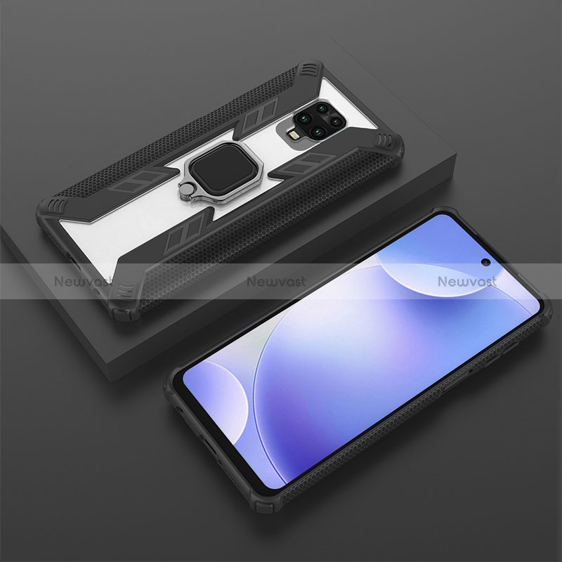 Silicone Matte Finish and Plastic Back Cover Case with Magnetic Finger Ring Stand KC6 for Xiaomi Redmi Note 9 Pro Max