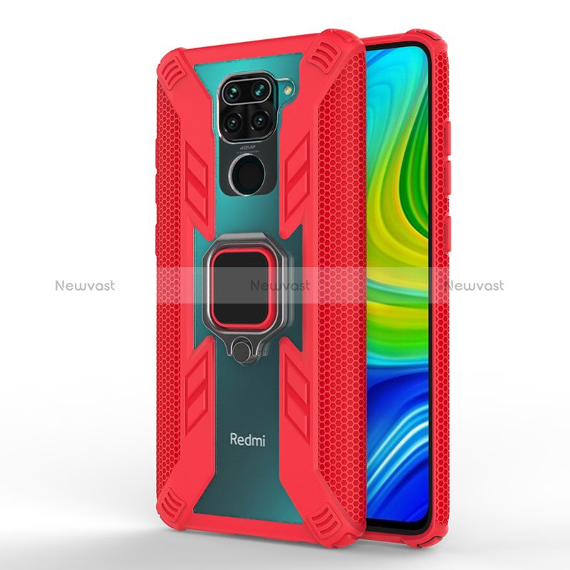 Silicone Matte Finish and Plastic Back Cover Case with Magnetic Finger Ring Stand KC6 for Xiaomi Redmi Note 9 Red