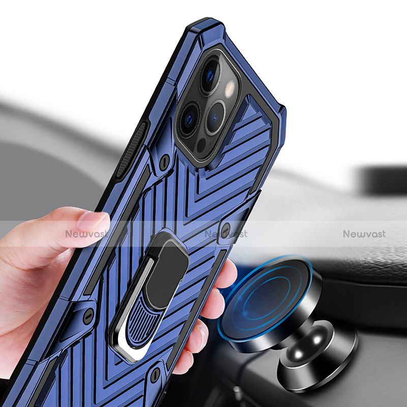 Silicone Matte Finish and Plastic Back Cover Case with Magnetic Finger Ring Stand M01 for Apple iPhone 12 Pro Max