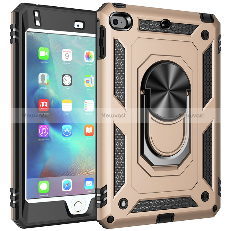 Silicone Matte Finish and Plastic Back Cover Case with Magnetic Finger Ring Stand MQ1 for Apple iPad Mini 4 Gold