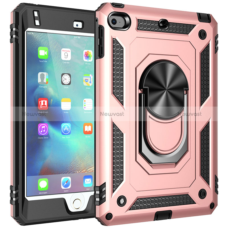 Silicone Matte Finish and Plastic Back Cover Case with Magnetic Finger Ring Stand MQ1 for Apple iPad Mini 4 Rose Gold