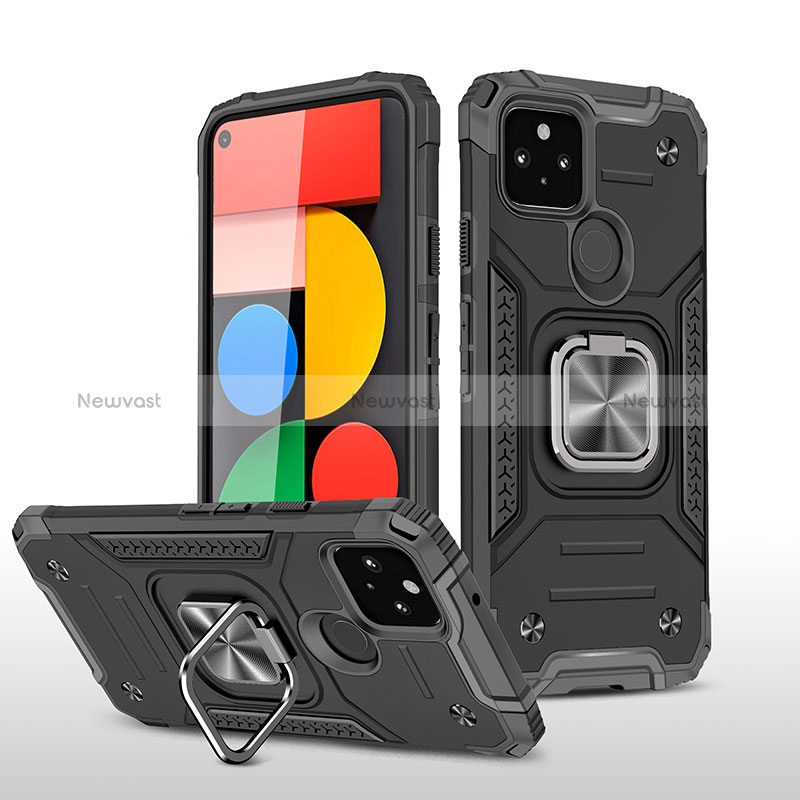 Silicone Matte Finish and Plastic Back Cover Case with Magnetic Finger Ring Stand MQ1 for Google Pixel 5