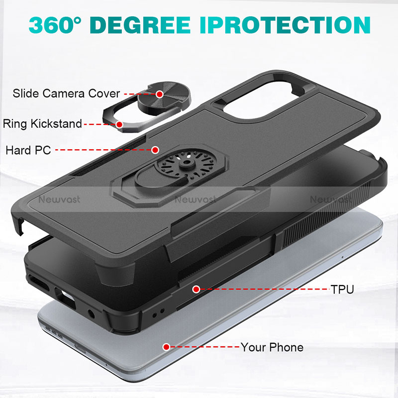 Silicone Matte Finish and Plastic Back Cover Case with Magnetic Finger Ring Stand MQ1 for Motorola Moto G22