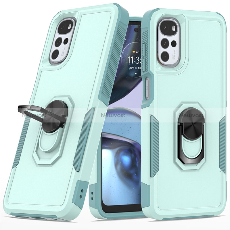 Silicone Matte Finish and Plastic Back Cover Case with Magnetic Finger Ring Stand MQ1 for Motorola Moto G22 Cyan