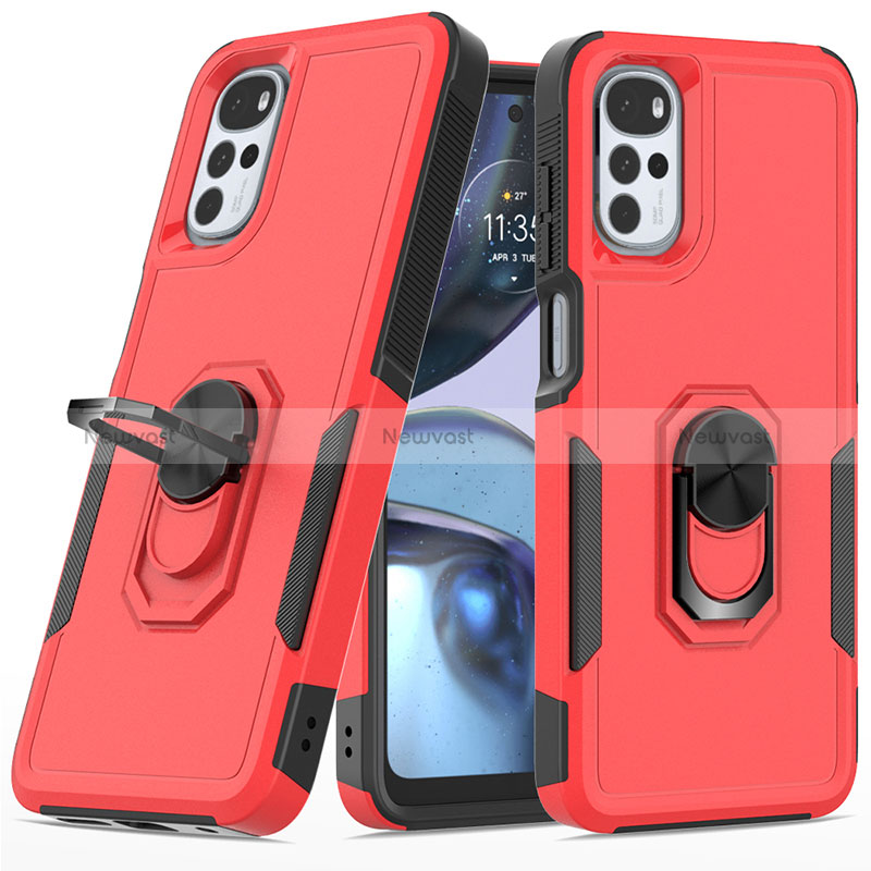 Silicone Matte Finish and Plastic Back Cover Case with Magnetic Finger Ring Stand MQ1 for Motorola Moto G22 Red