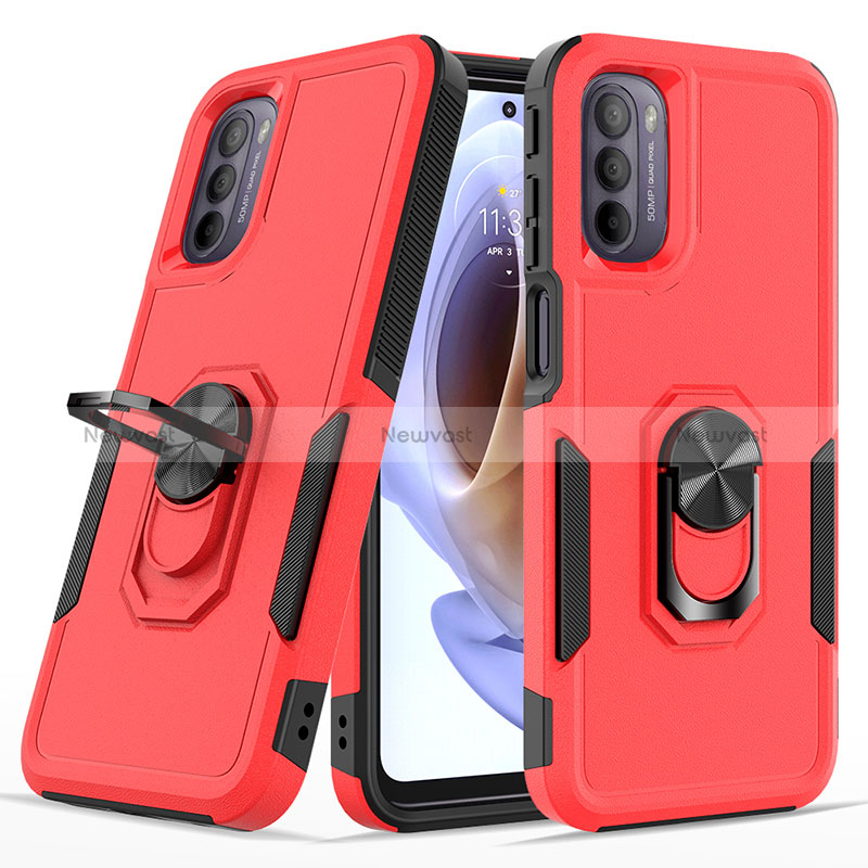 Silicone Matte Finish and Plastic Back Cover Case with Magnetic Finger Ring Stand MQ1 for Motorola Moto G31