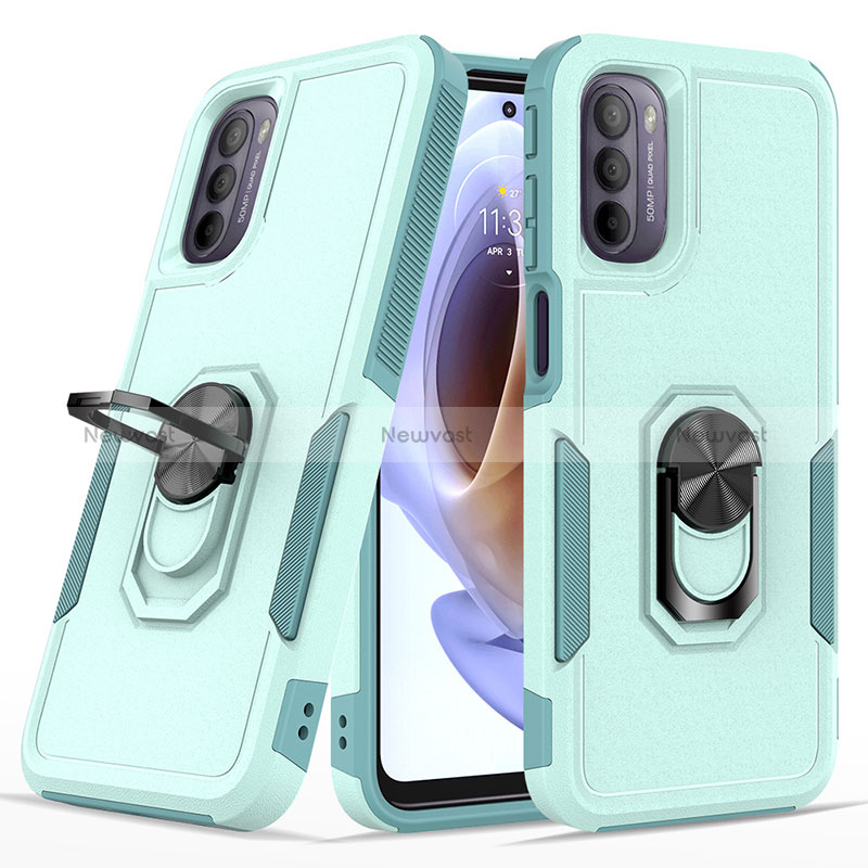 Silicone Matte Finish and Plastic Back Cover Case with Magnetic Finger Ring Stand MQ1 for Motorola Moto G31 Cyan