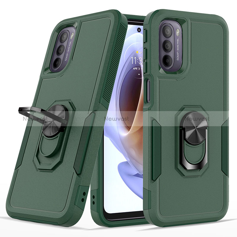 Silicone Matte Finish and Plastic Back Cover Case with Magnetic Finger Ring Stand MQ1 for Motorola Moto G31 Midnight Green