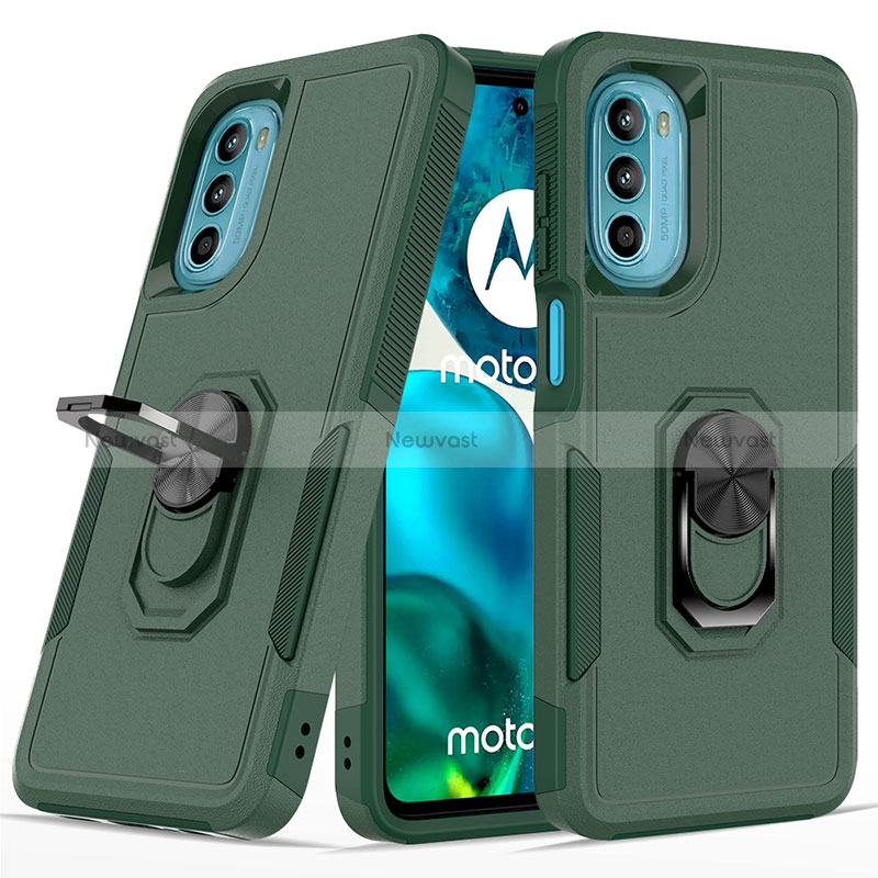 Silicone Matte Finish and Plastic Back Cover Case with Magnetic Finger Ring Stand MQ1 for Motorola MOTO G52