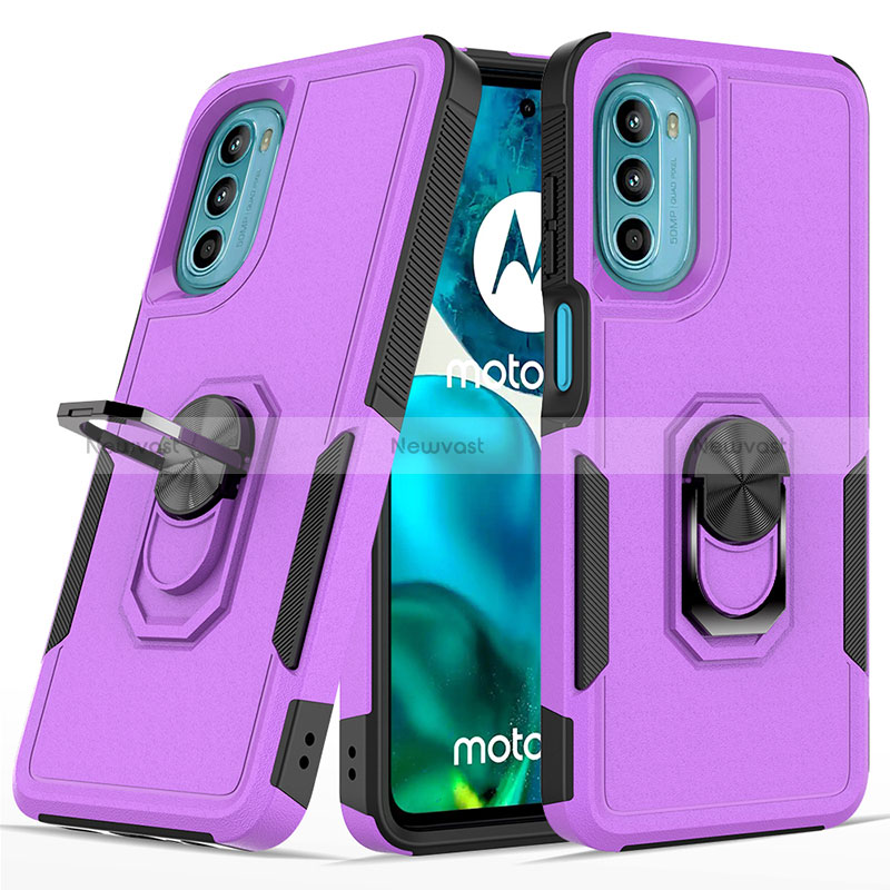 Silicone Matte Finish and Plastic Back Cover Case with Magnetic Finger Ring Stand MQ1 for Motorola MOTO G52
