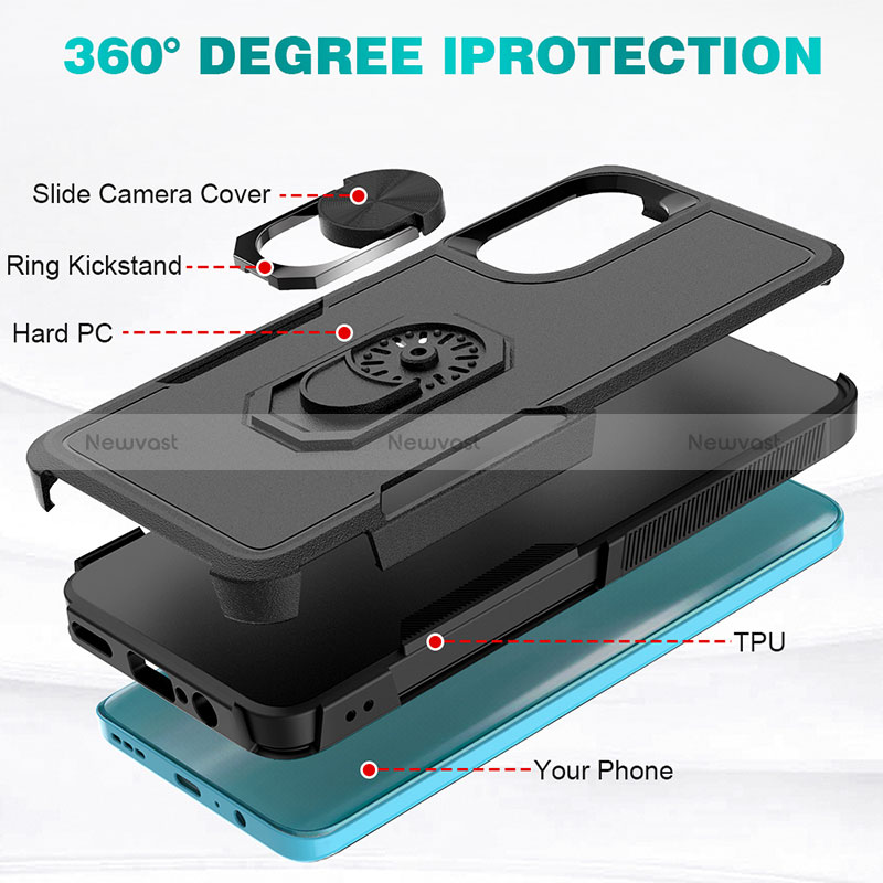 Silicone Matte Finish and Plastic Back Cover Case with Magnetic Finger Ring Stand MQ1 for Motorola MOTO G52
