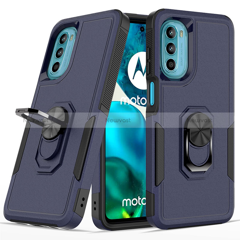 Silicone Matte Finish and Plastic Back Cover Case with Magnetic Finger Ring Stand MQ1 for Motorola MOTO G52 Blue
