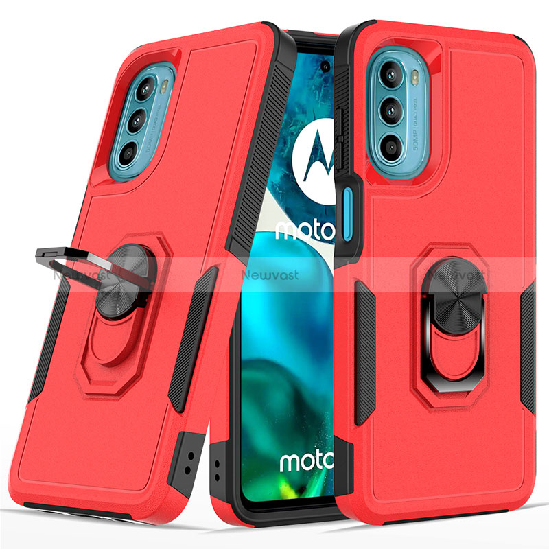 Silicone Matte Finish and Plastic Back Cover Case with Magnetic Finger Ring Stand MQ1 for Motorola MOTO G52 Red