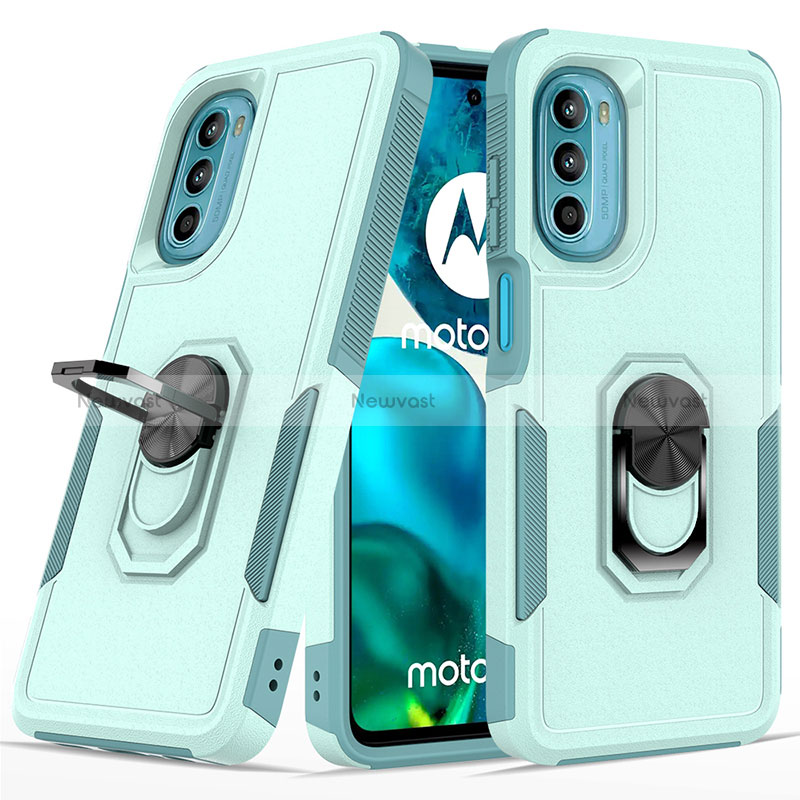 Silicone Matte Finish and Plastic Back Cover Case with Magnetic Finger Ring Stand MQ1 for Motorola Moto G82 5G