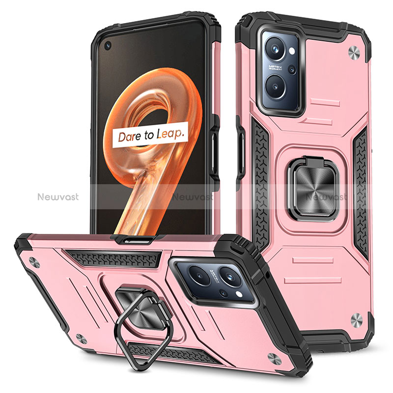 Silicone Matte Finish and Plastic Back Cover Case with Magnetic Finger Ring Stand MQ1 for Realme 9i 4G