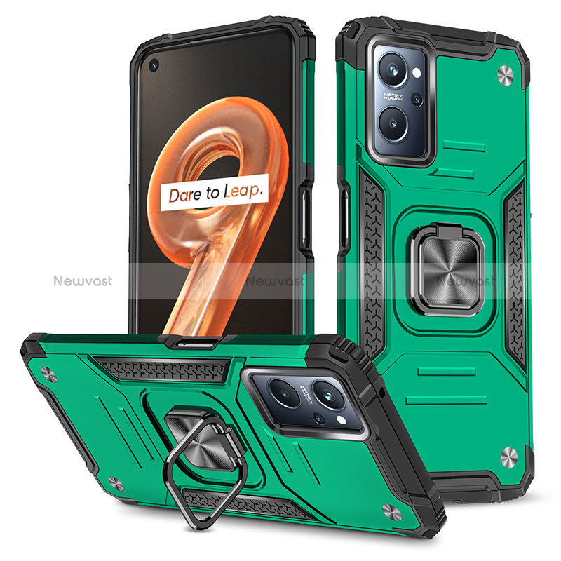 Silicone Matte Finish and Plastic Back Cover Case with Magnetic Finger Ring Stand MQ1 for Realme 9i 4G Midnight Green