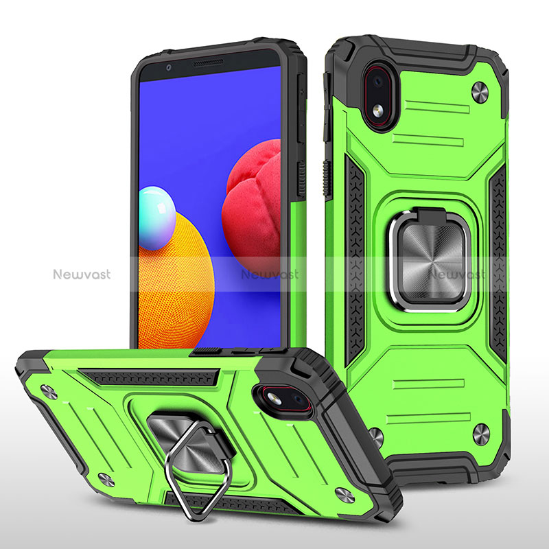 Silicone Matte Finish and Plastic Back Cover Case with Magnetic Finger Ring Stand MQ1 for Samsung Galaxy A01 Core Green
