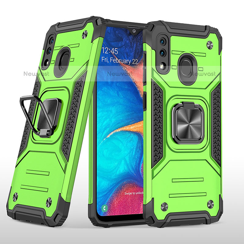 Silicone Matte Finish and Plastic Back Cover Case with Magnetic Finger Ring Stand MQ1 for Samsung Galaxy A20 Green