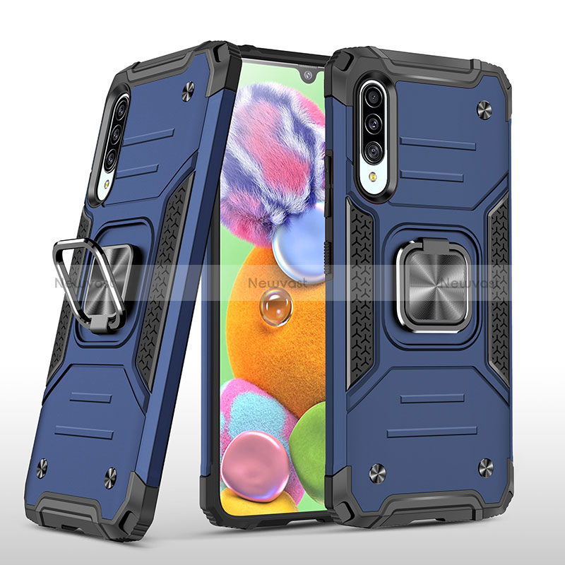 Silicone Matte Finish and Plastic Back Cover Case with Magnetic Finger Ring Stand MQ1 for Samsung Galaxy A90 5G Blue