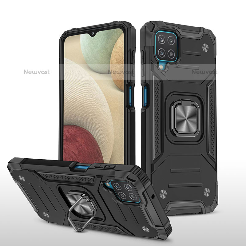 Silicone Matte Finish and Plastic Back Cover Case with Magnetic Finger Ring Stand MQ1 for Samsung Galaxy F12