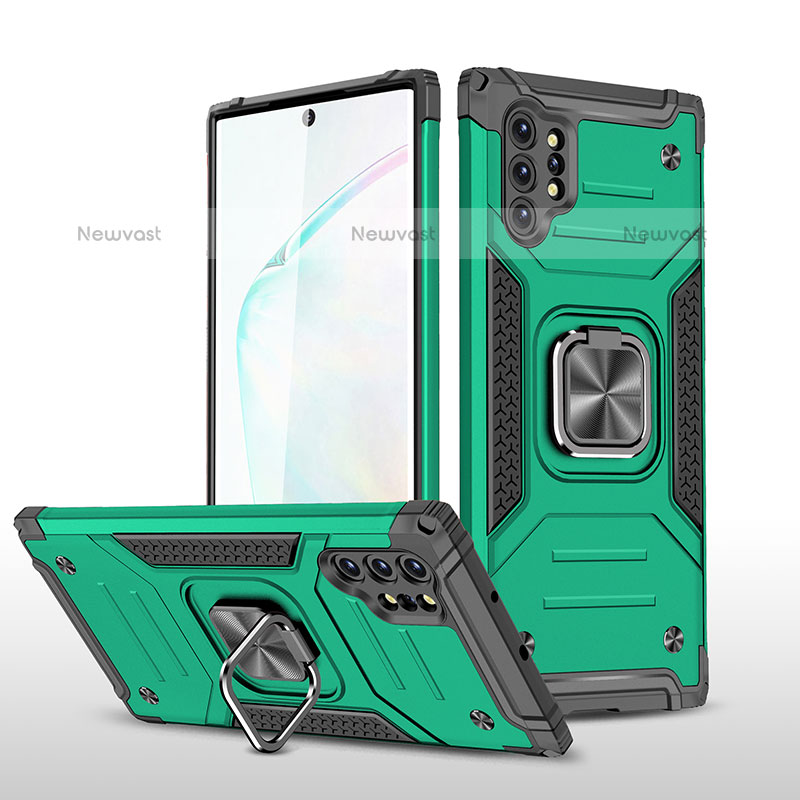 Silicone Matte Finish and Plastic Back Cover Case with Magnetic Finger Ring Stand MQ1 for Samsung Galaxy Note 10 Plus 5G Midnight Green